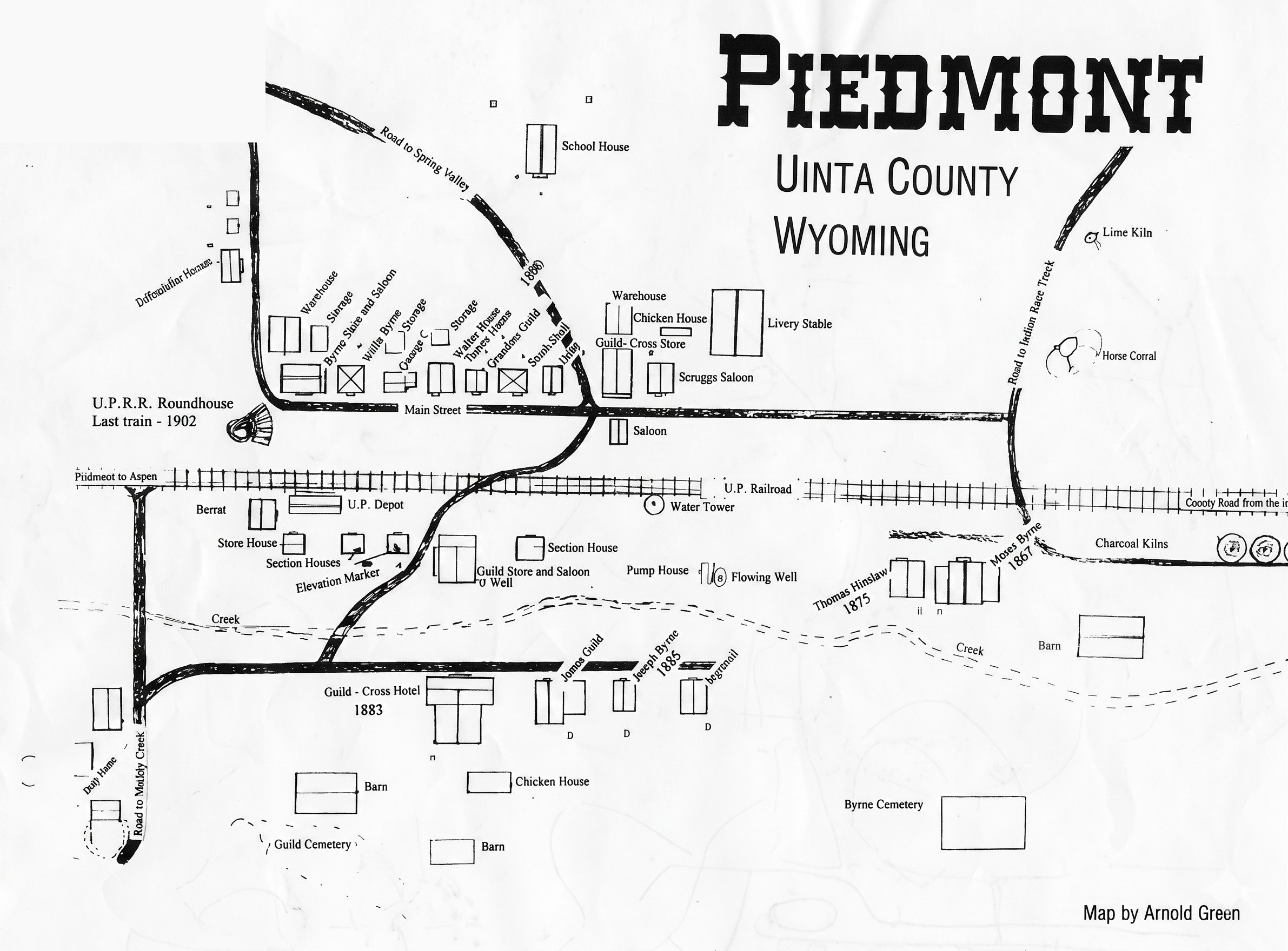 Historical map of Piedmont Wyoming ghost town by Arnold Green showing original town layout