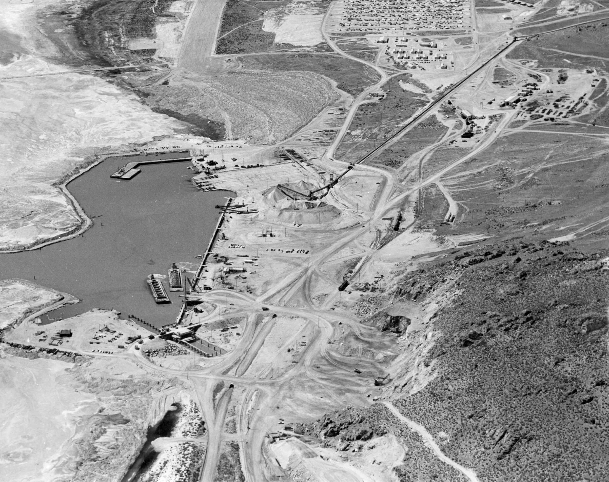 Aerial view of Little Valley harbor on the Great Salt Lake, with the construction camp visible at the top