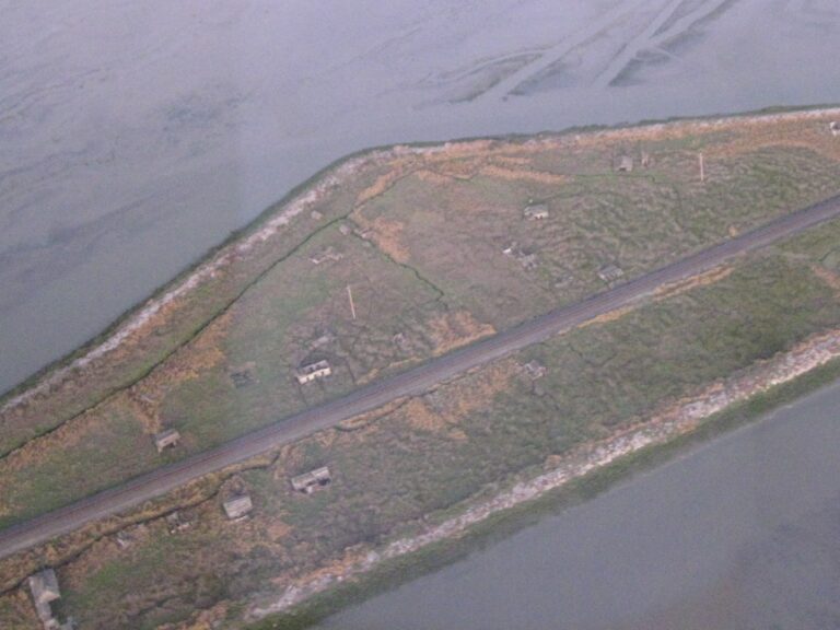 Aerial view of Drawbridge, California, showing weathered cabins strung along Station Island in the South San Francisco Bay salt marsh