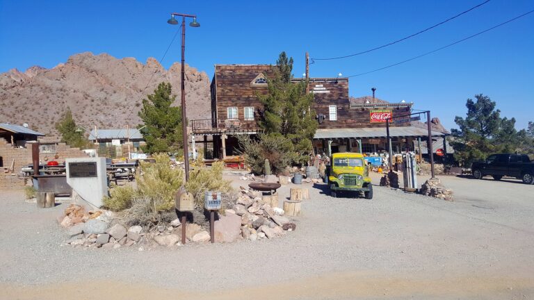 Weathered wooden buildings and vintage relics at Nelson ghost town in Eldorado Canyon, Nevada