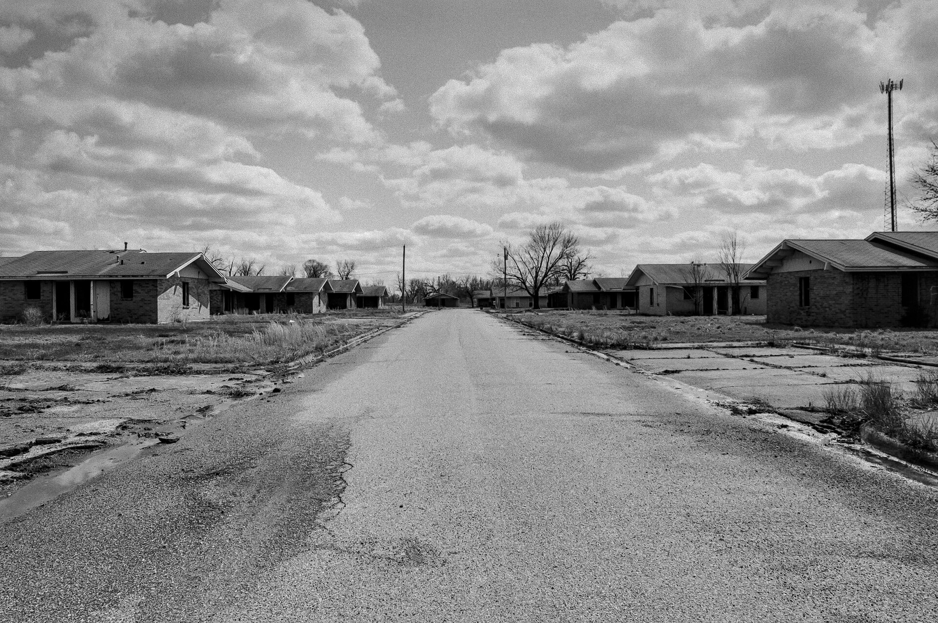 Abandoned duplex houses in the ghost town of Picher, Oklahoma.