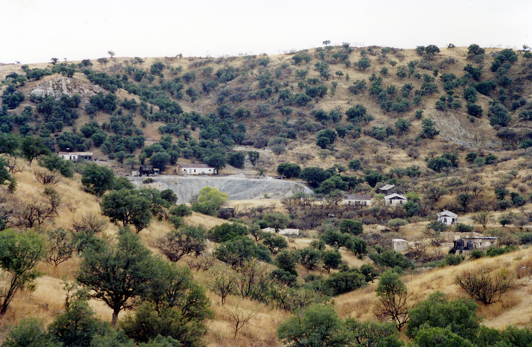 General view of the Ruby, Arizona ghost town with standing buildings among the hills