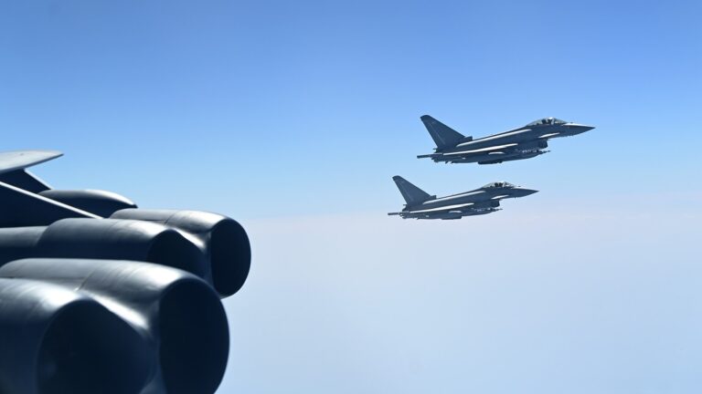 A U.S. Air Force B-52 Stratofortress bomber in flight.