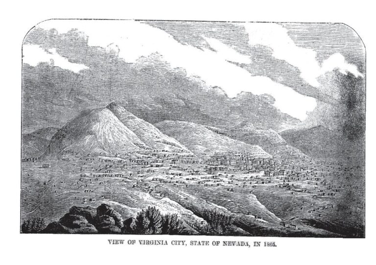 Historic 1868 engraved view of Virginia City, Nevada on the slopes of Mount Davidson