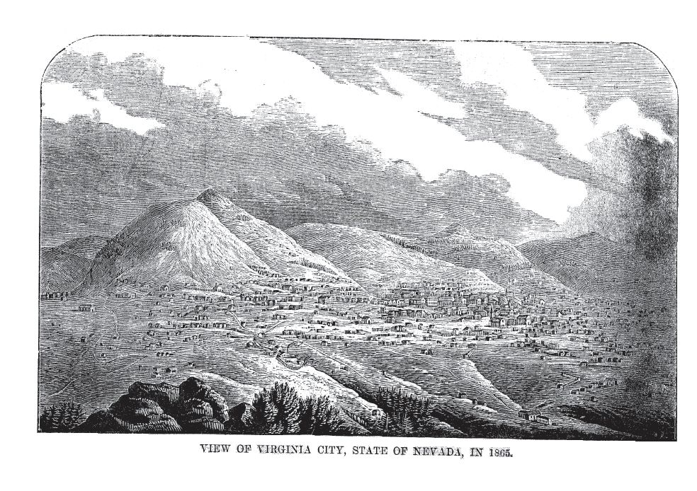 Historic 1868 engraved view of Virginia City, Nevada on the slopes of Mount Davidson