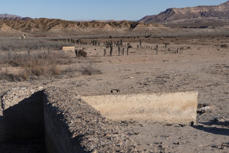 Concrete foundations and burned tree stumps across the exposed St. Thomas townsite, with mountains behind.